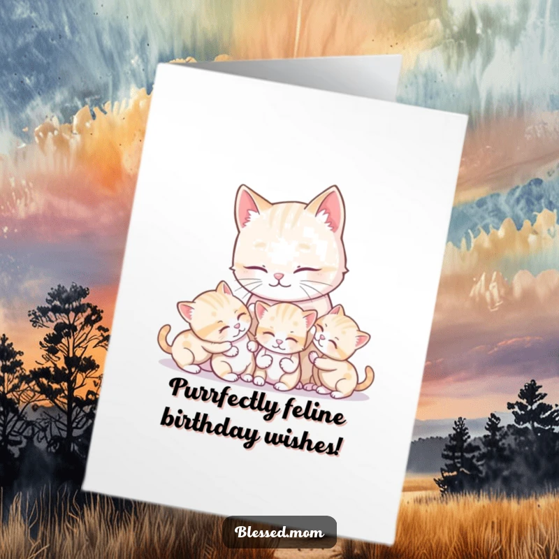Funny Free Printable Birthday Card: Kawaii cat mother lovingly grooms her playful kittens with a soft, gentle gaze.