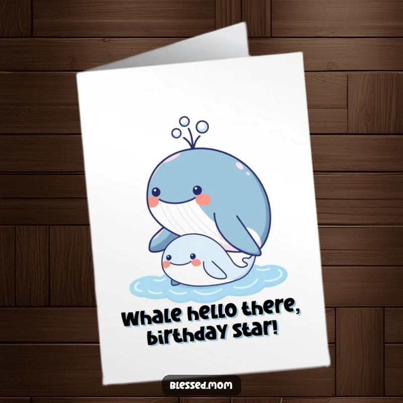 Funny Free Printable Birthday Card: Kawaii mother whale joyfully spouting water over her happy calf.