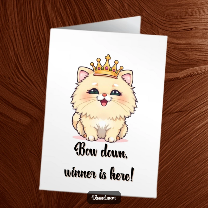 Funny free printable congratulations card showing a fluffy cat with a tiny crown, exuding royal pride and success.