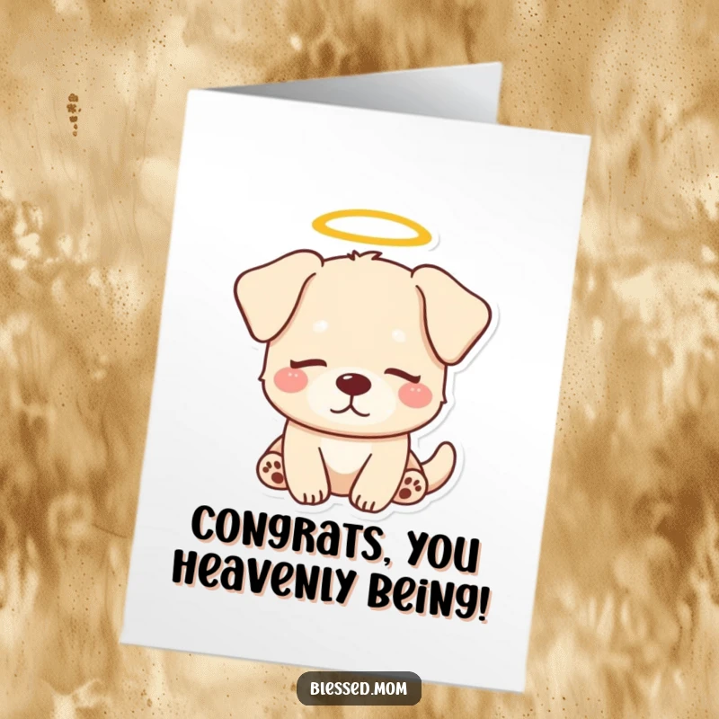 Funny Free Printable Congratulations Card: Peaceful kawaii dog with a halo, radiating serene joy for achievements.