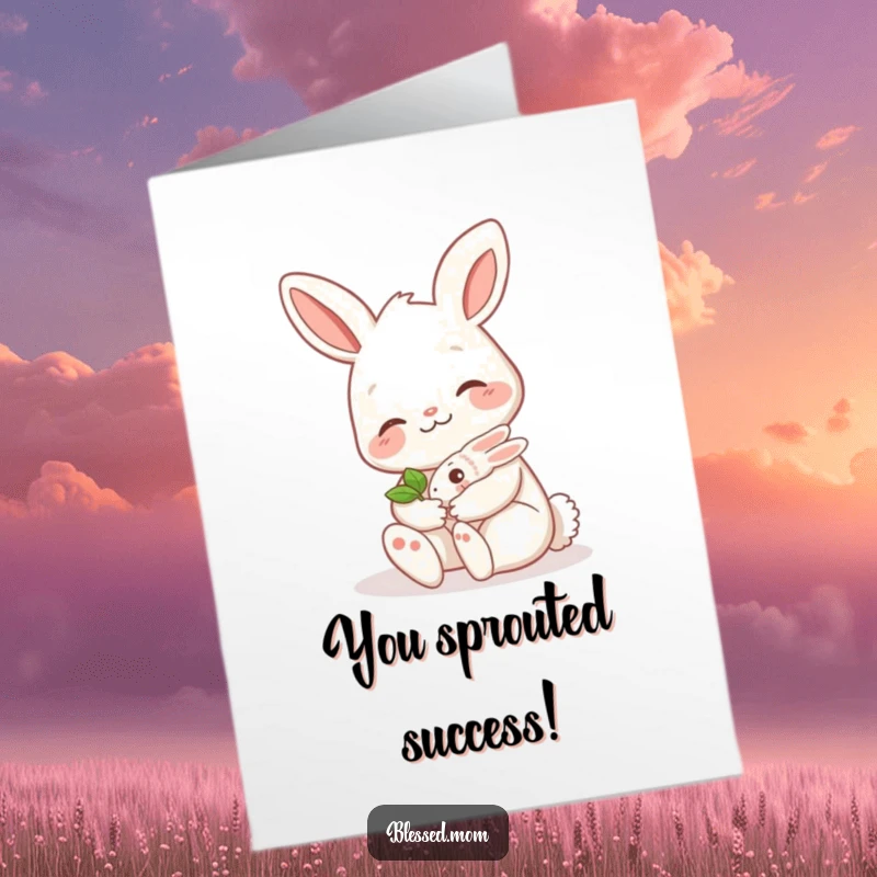Funny Free Printable bunny mom gently cradling a tiny sprout, celebrating new beginnings with a congratulations card.