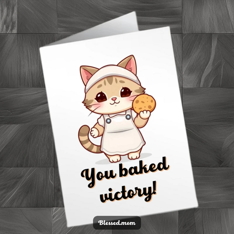 Funny Free Printable kawaii cat mom in apron offering a warm cookie for congratulations, a sweet treat.