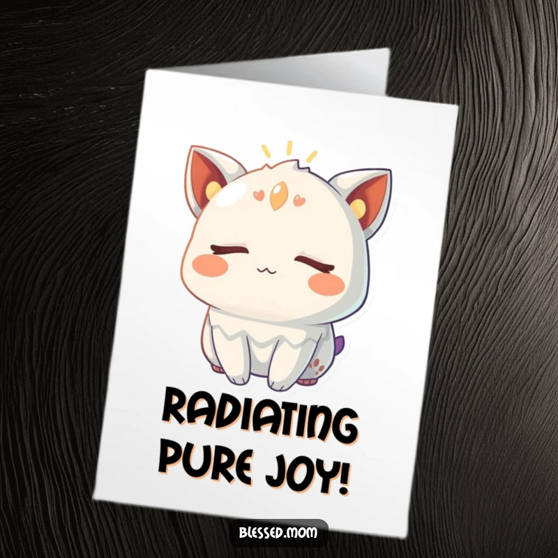 Funny Free Printable Congratulations Card: Creature with eyes closed, radiating warm glow, celebrating success, joyful, downloadable art.