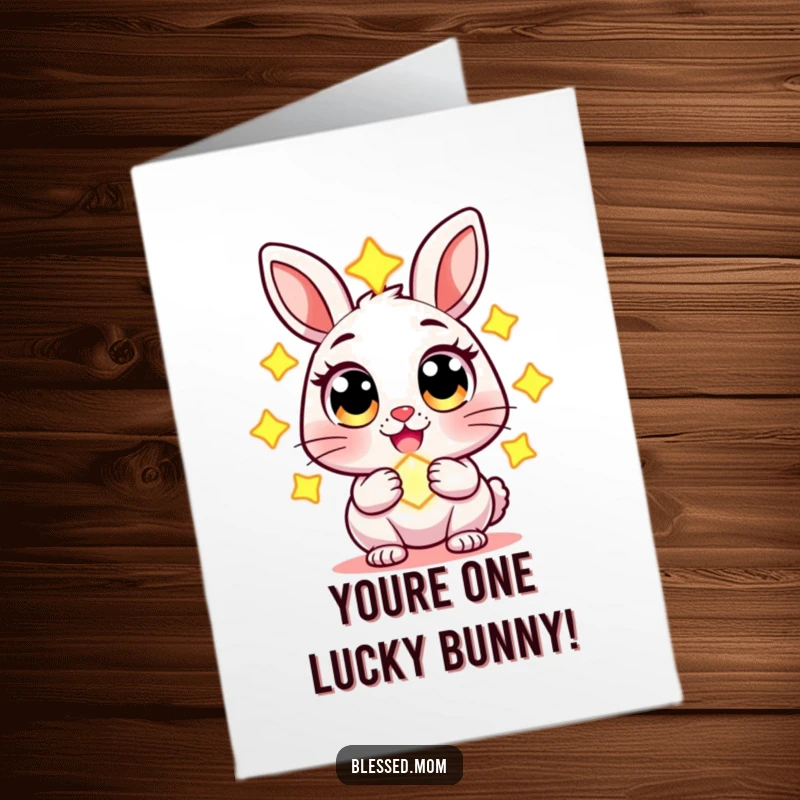 Funny free printable congratulations card of a cheerful rabbit with wide eyes, holding a glowing charm to celebrate their success.