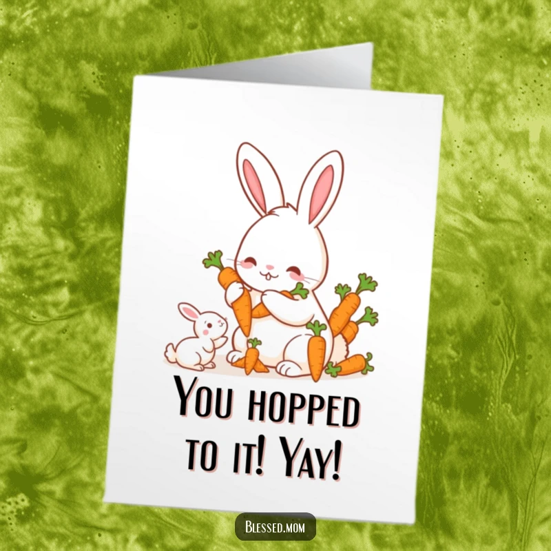 Funny Free Printable Congratulations Card: A kawaii mother rabbit offering carrots to her offspring in celebration.