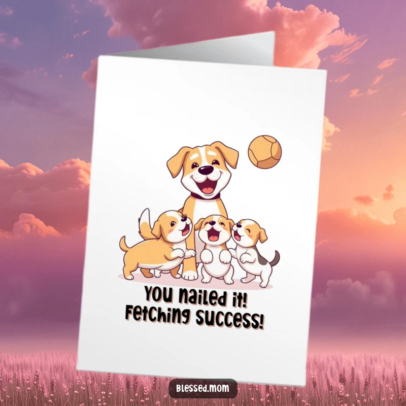 Funny Free Printable Congrats Card: Dog mom launches ball for energetic puppies, celebrating your amazing success. Awesome DIY present.