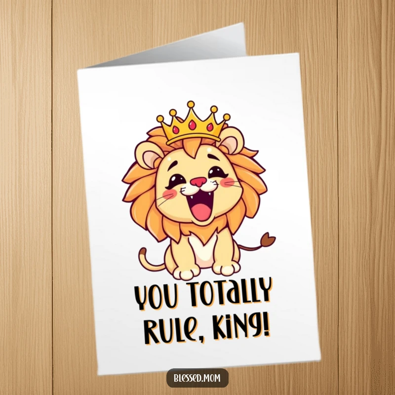 Funny Free Printable Congrats Card: Kawaii lion mom playfully roars with a tilted crown, a majestic DIY gift.