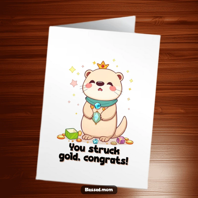Funny Free Printable Congrats Card: Kawaii otter mom balances shiny treasures, representing a glittering DIY gift.