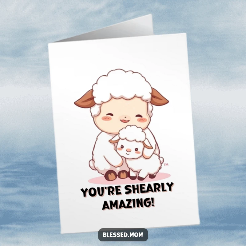 Cute Free Printable Congrats Card: Contented sheep mom nuzzles her fluffy lamb, celebrating success with sweet affection.