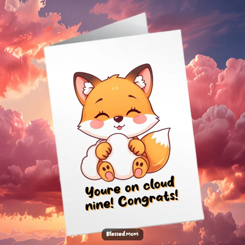 Free Printable Congratulations Card: A happy fox gracefully touching a soft cloud, signifying reaching new heights of success.