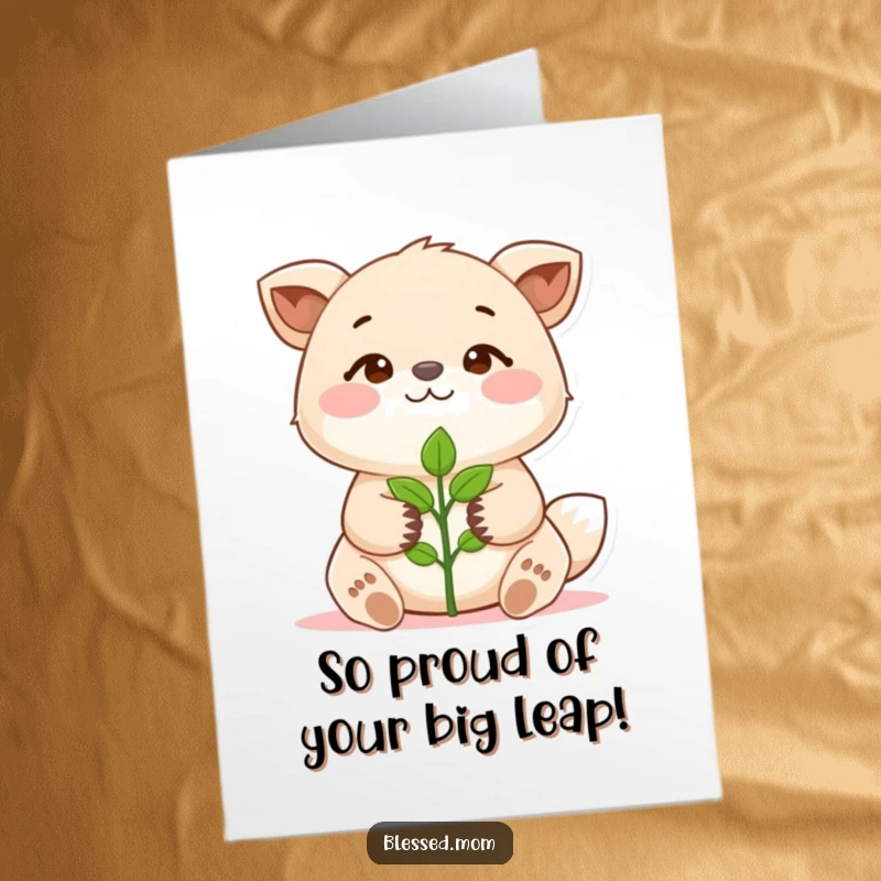 Funny Free Printable Congratulations Card with a proud animal cradling a small sprout, representing ambitious growth.