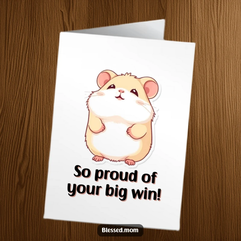 Free Printable Congratulations Card: A content, fluffy hamster with a gentle upward smile, celebrating success with quiet joy.