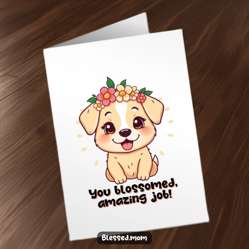 Funny Free Printable Congratulations Card: Dog Mom with Flower Crown Radiating Warmth to Congratulate
