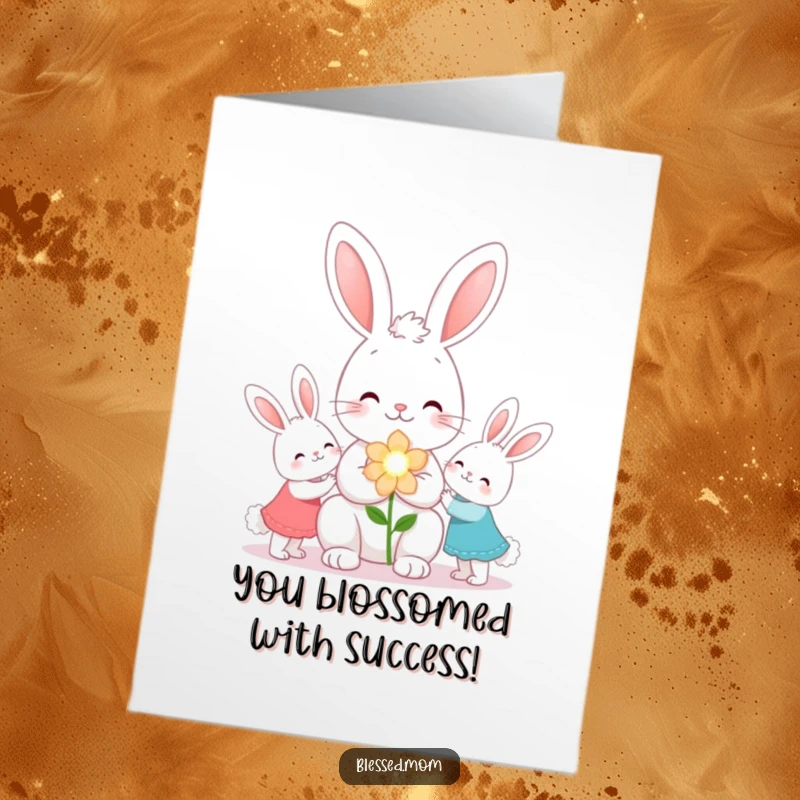 Funny Free Printable Kawaii Bunny Mom offering a sparkling flower to her children, perfect for congratulations.
