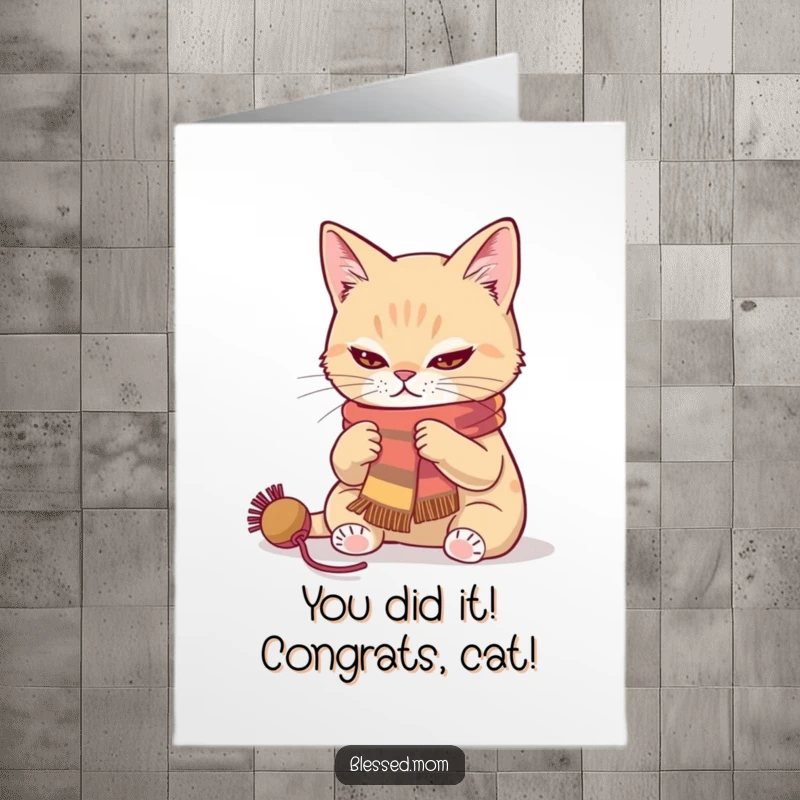 Free printable congratulations card with a focused cat knitting a scarf.