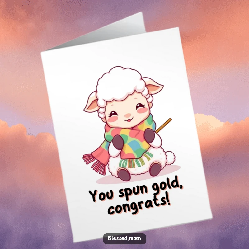 Funny Free Printable Congrats Card: Kawaii sheep mom proudly displays her colorful knitting creation, a delightful DIY gift.