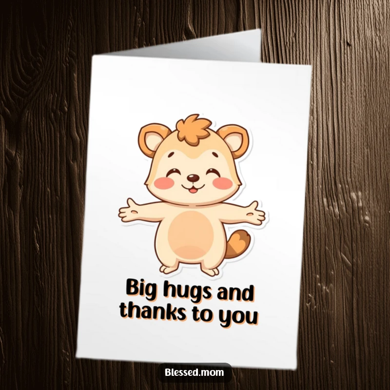 Funny Free Printable Thank You Card: An animal giving a big, warm, welcoming hug with outstretched arms. A kind gesture.