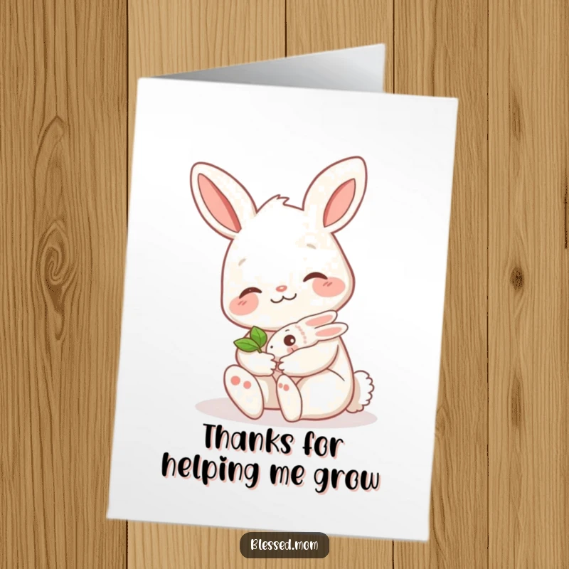 Funny Free Printable bunny mom with a gentle smile holding a tiny sprout, expressing thanks with a card.
