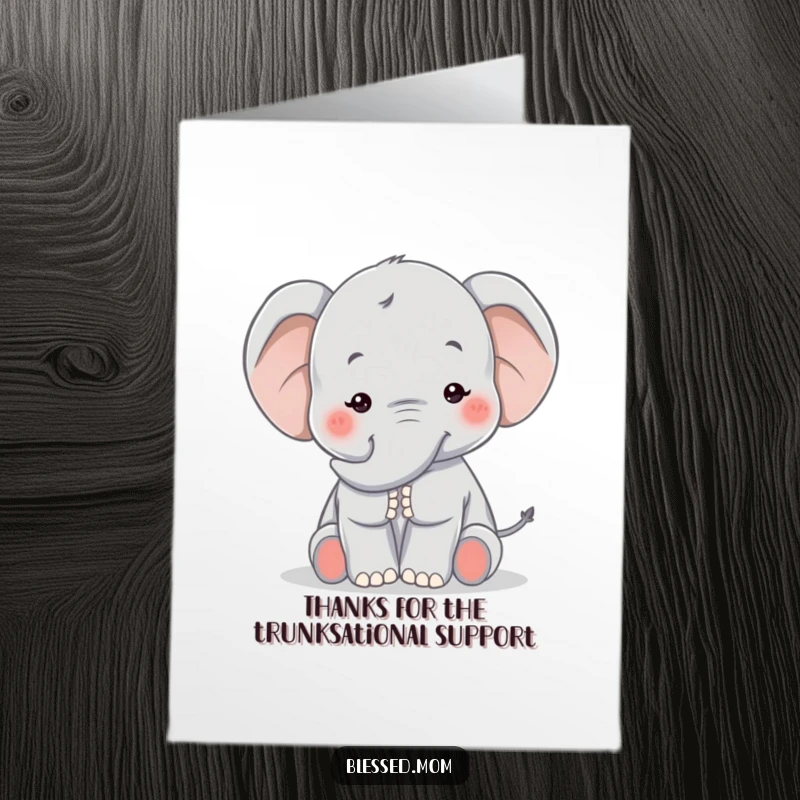 Funny Free Printable Thank You Card: Kawaii elephant mom extends trunk for a thankful pat, a sweet DIY gift.