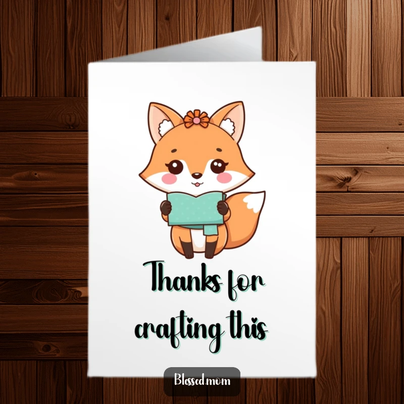 Funny Free Printable Kawaii Fox Mom proudly holding a handmade craft, great for a thank you card.