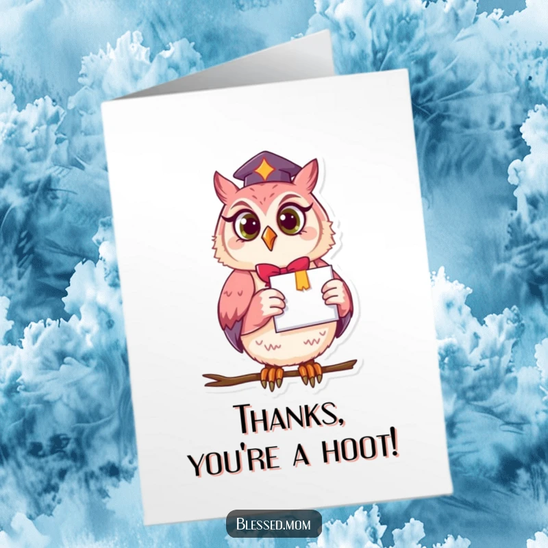 Funny Free Printable Thank You Card: Owl mom proudly displays a diploma, conveying thanks for smart advice.