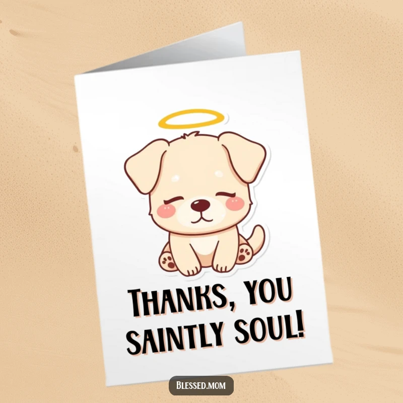 Funny Free Printable Thank You Card: Serene kawaii dog with a halo, embodying peaceful gratitude.