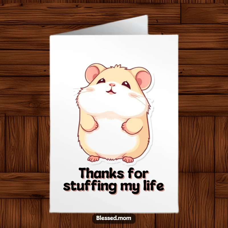 Funny Free Printable Thank You Card: A fluffy hamster with a serene, upward smile, conveying heartfelt thanks.