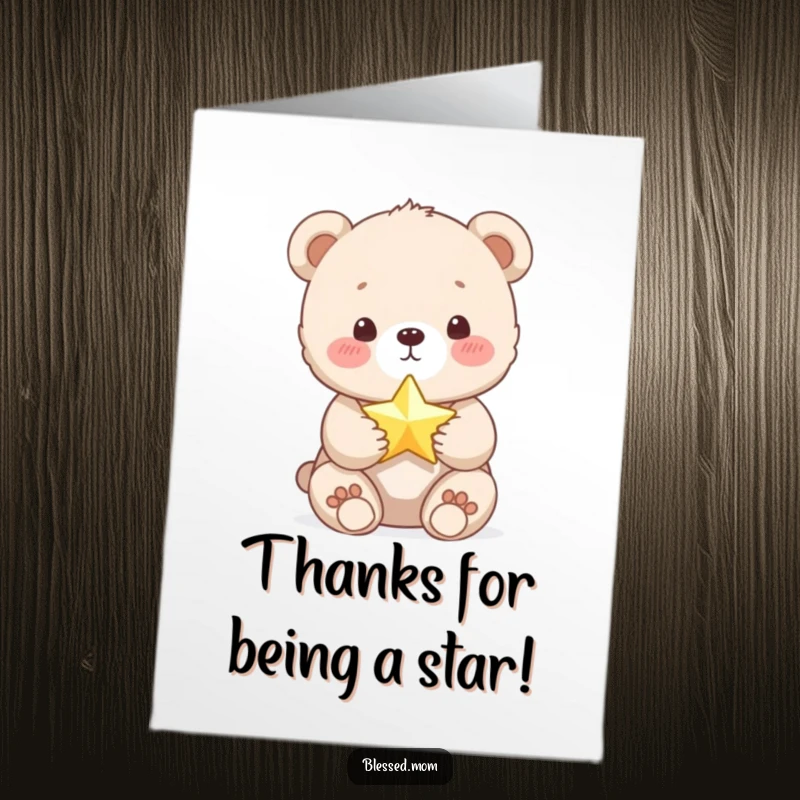 Funny Free Printable Thank You Card: Cute bear cub offering gratitude while holding a tiny shimmering star.