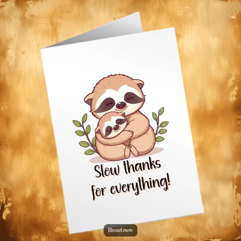 Funny Free Printable Sloth Thank You Card: Kawaii mama sloth hugging her baby sloth, conveying thanks with love.