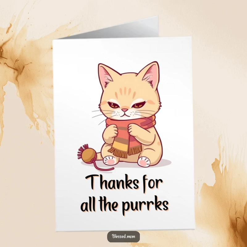 Free printable thank you card featuring a calm cat intently knitting a colorful scarf.