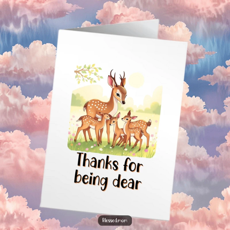 Free Printable Thank You Card: Graceful deer mom nuzzling fawns in a sun-dappled meadow, conveying heartfelt thanks. A lovely DIY present.