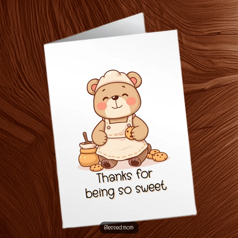 Funny Free Printable Thank You Card: Bear Mom in Apron Happily Baking Cookies to Say Thank You