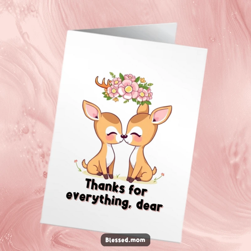 Cute Free Printable Thank You Card: Kawaii deer mom gazes lovingly at a flower crown, showing gratitude.