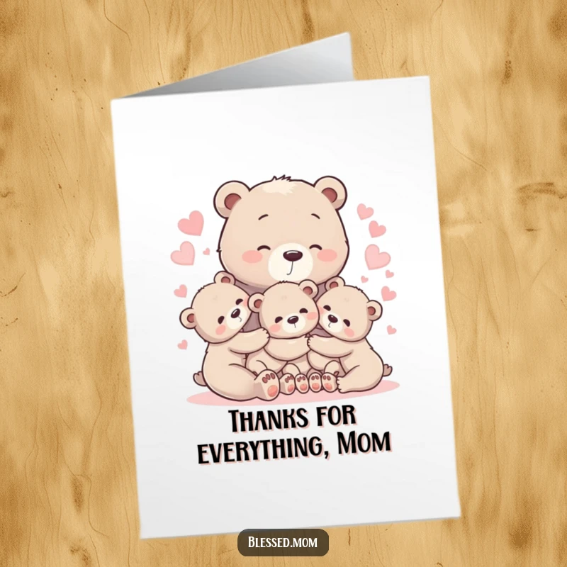 Free printable thank you card depicting a mother bear embracing her cubs with love.
