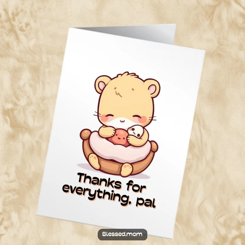 Funny Free Printable Thank You Card: Animal gently rocking a miniature object, nurturing, expressing gratitude, caring, downloadable art.