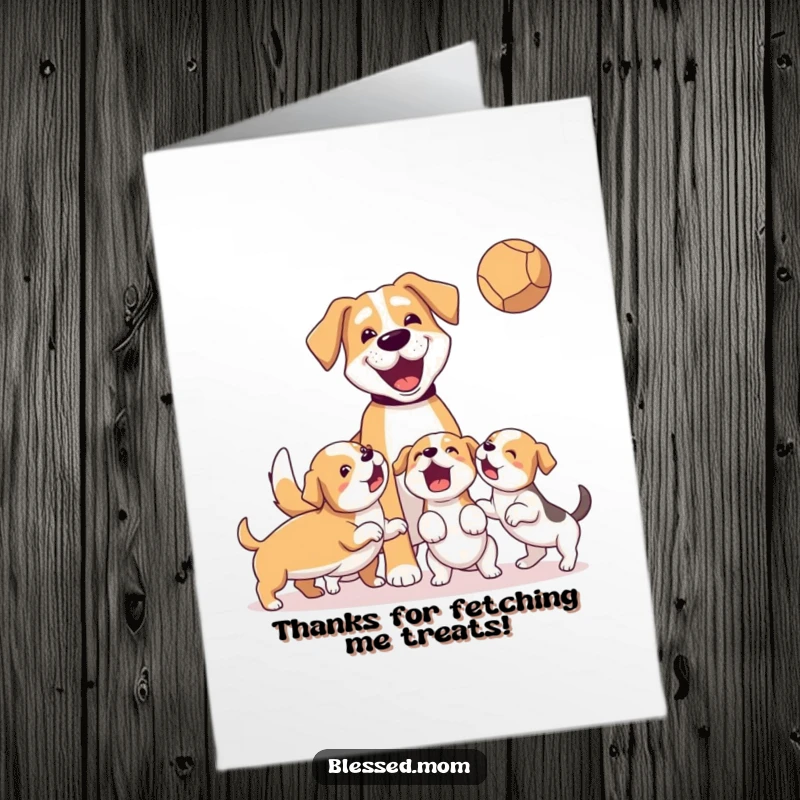 Funny Free Printable Thank You Card: Dog mom playfully tosses ball for active puppies, expressing heartfelt gratitude. Unique DIY gift.