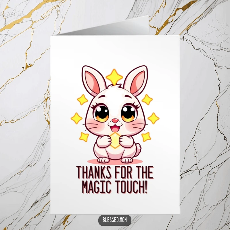 Funny free printable thank you card featuring a cheerful rabbit with wide eyes, holding a glowing charm to express thanks.