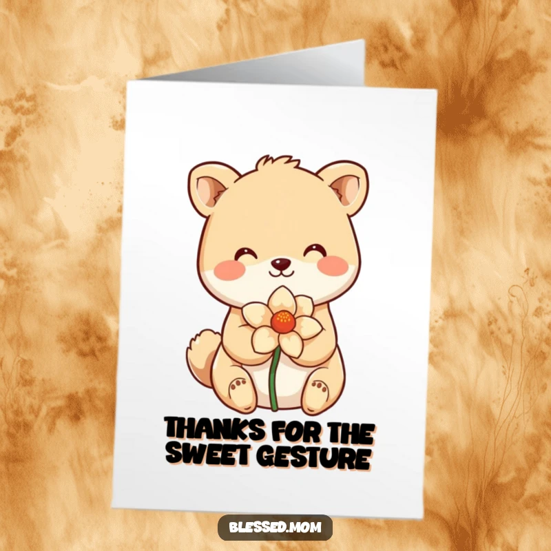Funny Free Printable Thank You Card with a smiling animal gently holding a flower, expressing sincere thanks.