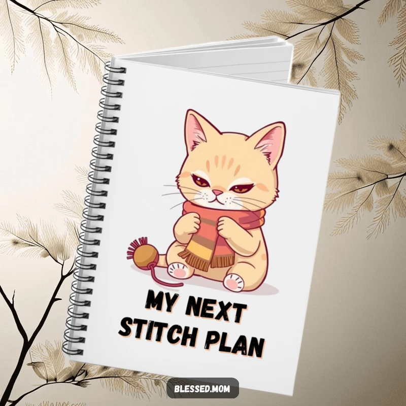 Determined cat knitting a colorful scarf notebook, perfect for jotting down creative ideas and project plans.