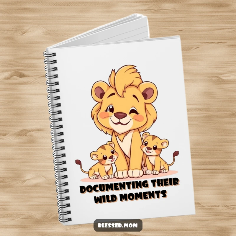 Majestic lioness mom notebook with cubs at play, perfect for journaling strength and proud moments.