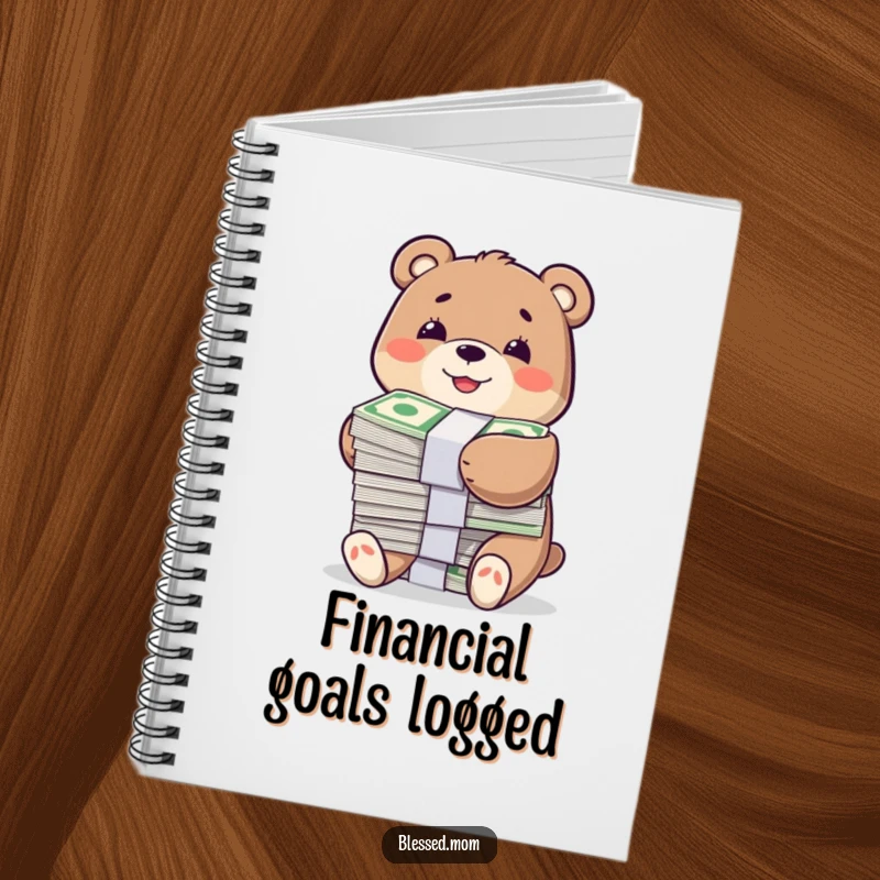 Funny notebook featuring a smiling bear character happily hugging a large stack of bills, perfect for writing and planning financially.