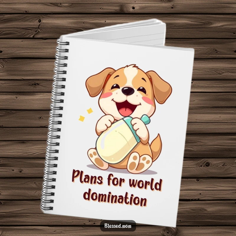 Funny notebook featuring a playful dog character joyfully cradling a shiny baby bottle, perfect for writing with a touch of humor.