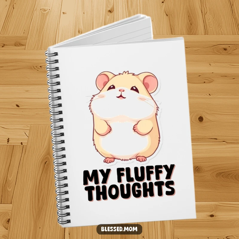 Funny hamster notebook with a fluffy hamster smiling gently upward, inspiring happy thoughts and creative ideas.