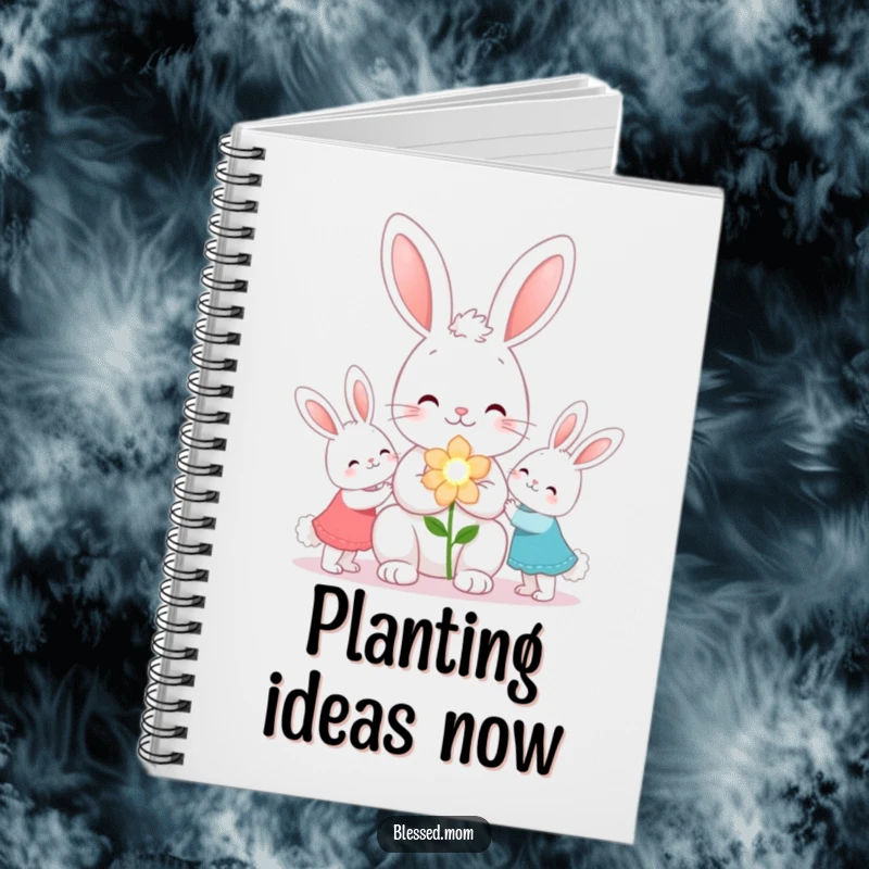 Funny kawaii bunny mom giving flowers on a notebook, great for journaling, a useful gift.