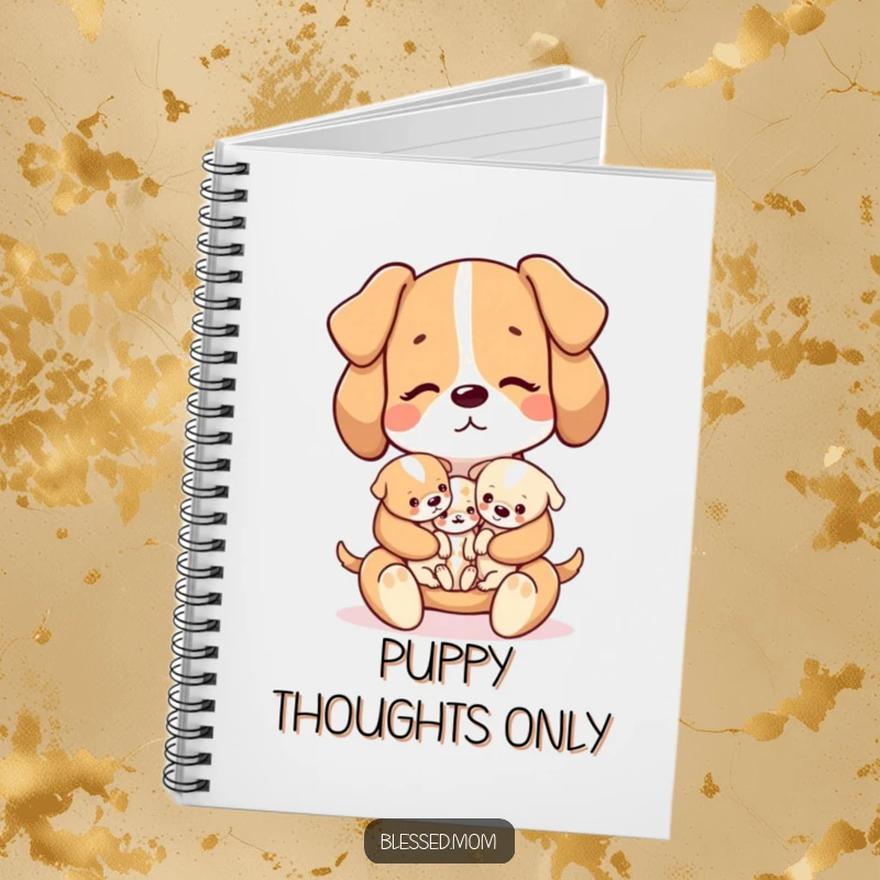 Funny kawaii dog mom holding puppies on a notebook, great for jotting notes, a useful gift.