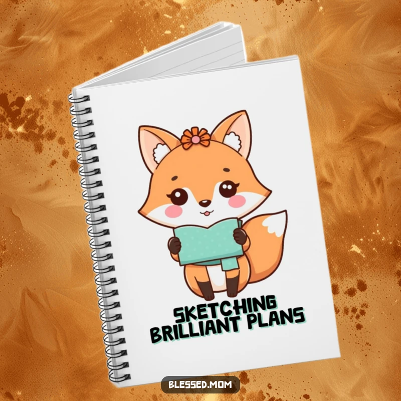Funny kawaii fox mom showing a handmade craft on a notebook, great for journaling, a useful gift.