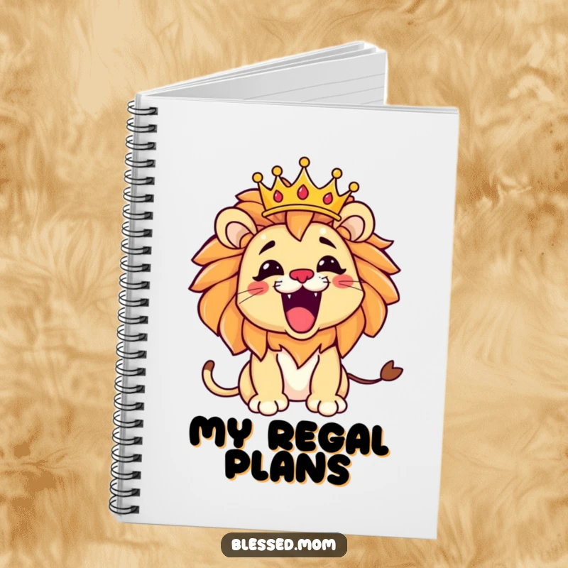 Funny Kawaii Lion Mom Notebook: Playful lion mom roaring with a tilted crown, ideal for journaling and jotting down regal thoughts.