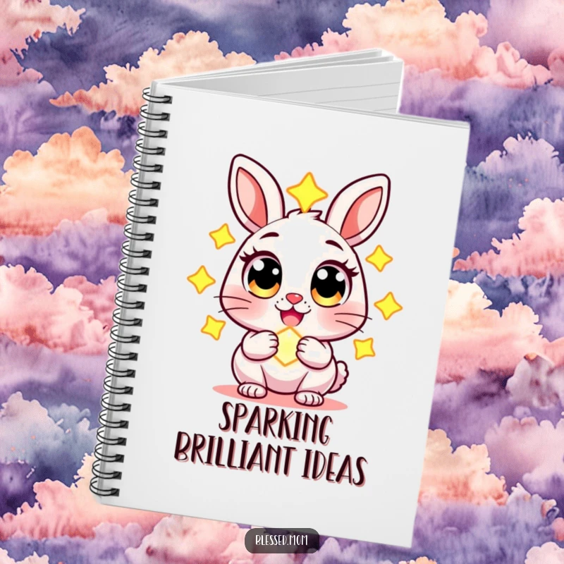 Funny notebook featuring a cheerful rabbit character with wide eyes, holding a glowing charm, perfect for writing with whimsical flair.