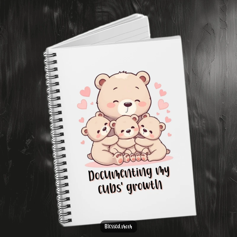 Heartwarming bear mom notebook with cubs in a glowing heart embrace, perfect for journaling love and care.