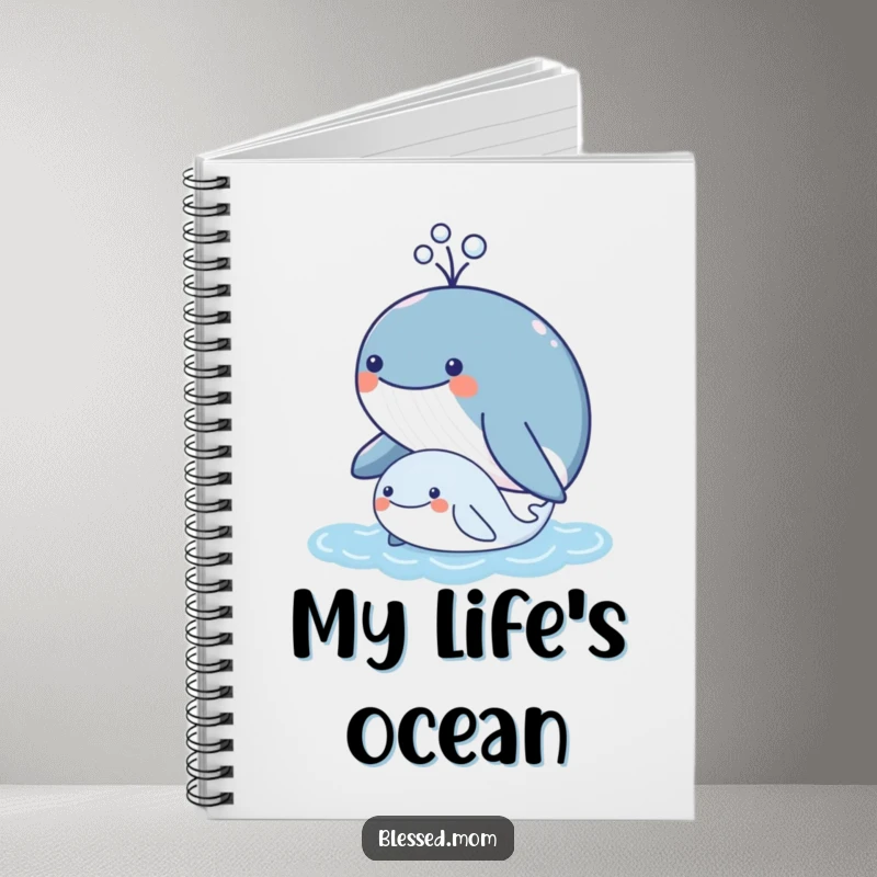Funny kawaii mother whale spouting water over her calf, cute ocean journal, perfect for notes, funny gift.